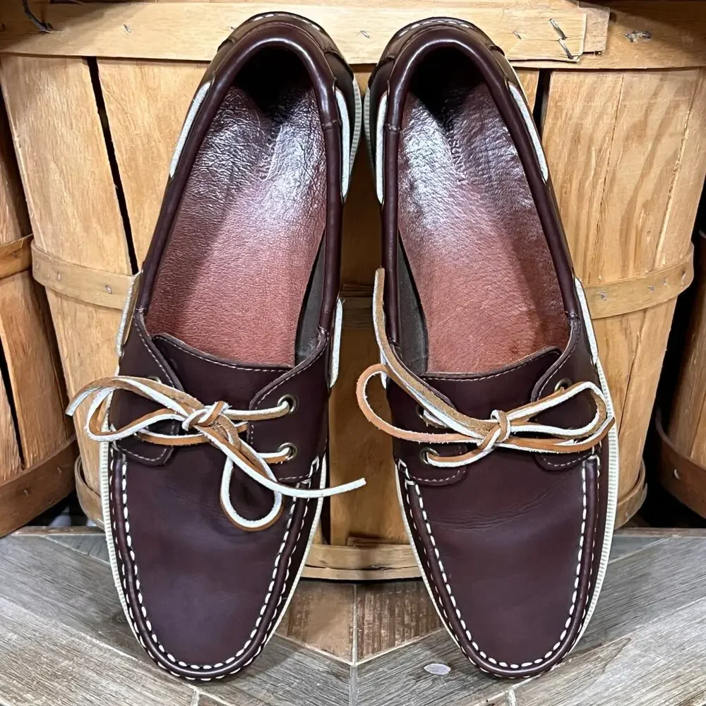 Lands' End Mainstay 2-Eye A/O Brown Leather Lace-Up Boat Shoes Mens Size 9.5 D